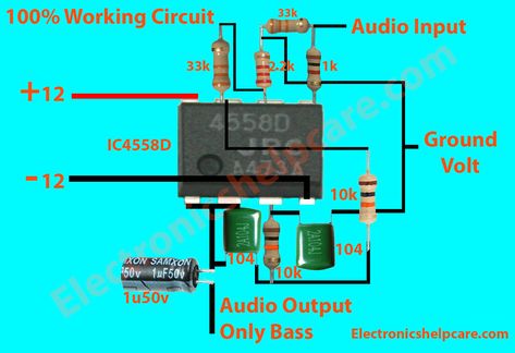 if we want the only bass then we have to use the circuit diagram as a preamplifier to our amplifier. before the main amplifier circuit, we have to use this circuit. normally only computer subwoofer we can see the sub box. but now we can use any amplifier as a subwoofer amplifier by using this circuit diagram. here in this circuit, we use 4558D ic. Amplificador 12v, Subwoofer Diy, Amplificatori Audio, Electronics Organization, Diy Subwoofer, Low Pass Filter, Basic Electronics, Basic Electronic Circuits, Hifi Amplifier