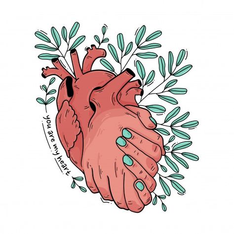 A handshake of heart | Premium Vector #Freepik #vector #floral #heart #love #leaf Heart Illustration Graphics, Lsu Hoodie, Healing Brain, Love Illustration Art, Hand Holding Heart, Together Symbol, Heal Heart, Love Heart Illustration, Hands Holding Heart