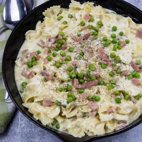 Creamy ham, peas, and pasta is a fabulous family dinner that can use leftover ham. A cheesy pasta dish that comes together in under 30 minutes. A quick-cooking weeknight family dinner. Also, a great way to use leftover ham for a pasta dinner.#hampeaspasta #leftoverhamrecipe #everydayeileen Pea Pasta Recipe, Ham Peas And Pasta, Pasta And Peas, Ham And Peas, Pea Pasta, Ham Pasta, Pasta Alfredo, Ham Steaks, Small Pasta