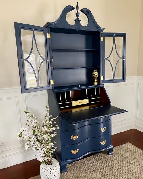 SOLD Vintage Antique Secretary Desk Secretary Hutch - Etsy Roll Top Secretary Desk Makeover, Chinoiserie Secretary Desk, Repainted Desk, Vintage Hutch Makeover, Painted Antique Desk, Desk Secretary, Painted Secretary Desks, Secretary Desk Makeover, Painted Secretary