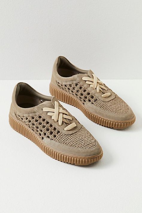 A sporty, casual style gets a breezy touch with these woven-paneled suede sneakers.\t**Features:** Slip-on style, low-top design, suede uppers, woven side panels and uppers, reinforced heel, padded pollars, ridged gum rubber sole, easy on-and-off lacing system **Why We <3 It:** The perfect effortless pair to go with your breezy linens and casuals pieces. Sporty Casual Style, Moon Rock, Hot Boots, Woven Sandals, Cute Sneakers, Sporty Casual, Lace Sneakers, Vans Slip On, Hot Shoes