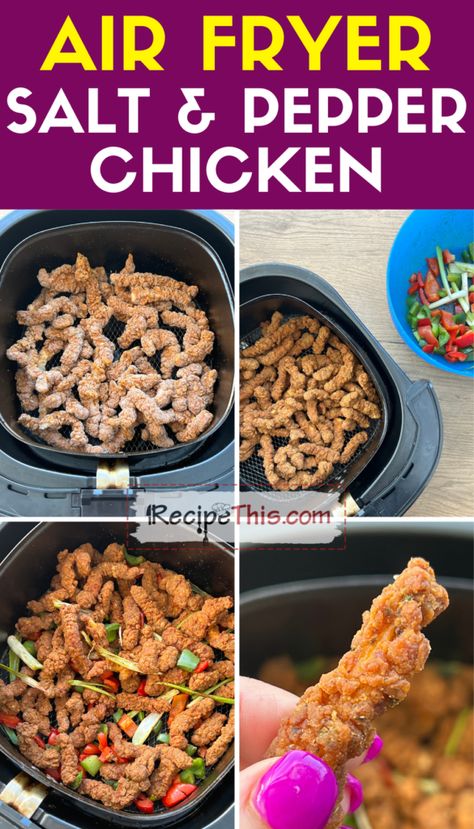 Air Fryer Salt And Pepper Chicken Salt And Pepper Chicken Air Fryer, Air Fryer Fakeaway, Chinese Salt And Pepper Chicken, Salt And Chilli Chicken, Chinese Fakeaway, Pepper Chicken Recipe, Fakeaway Recipes, Recipes With Chicken And Peppers, Chicken And Chips