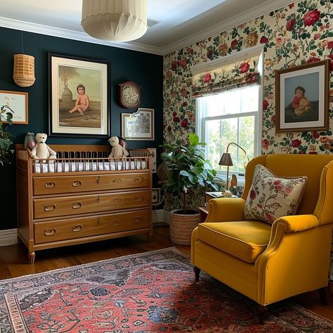 As we enter 2025, a fresh trend is emerging in nursery design: eclectic vintage aesthetic. This style departs from the stark, minimalist all-white look that has dominated design in recent years, opting for warm, comforting spaces that combine vintage... Jewel Tones Nursery, Retro Nursery Vintage, Old House Nursery, Jewel Toned Nursery, 70s Inspired Nursery, Nursery Aesthetic Colorful, Nursery Ideas Cottagecore, Grandmellinial Nursery, Cottage Style Nursery