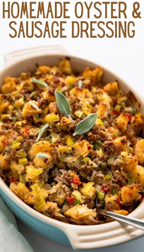 This easy Cajun style oyster and sausage stuffing goes great with your Thanksgiving turkey. It's loaded with fresh sage and herbs, celery, bell peppers, onion and stale bread. Moistened with oyster liquor and chicken broth this simple, classic seafood stuffing is the best. #oysterstuffing #oysterdressing Oyster Stuffing, Sausage Cornbread, Sausage Cornbread Stuffing, Cajun Sausage, Jimmy Dean Sausage, Smoked Oysters, Cornbread Stuffing, Sage Sausage, Fresh Oysters