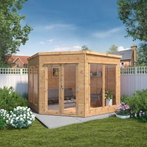 This Mercia Premium Corner Summer house provides the ideal garden retreat or home office. The stylish exterior will suit any setting, perfectly sitting in the corner of a garden as an area to host BBQ's for friends and family during the summer months. The large windows are made from 100% shatterproof styrene glazing, offering a much safer alternative to glass. Tongue and groove cladding is used for the walls due to its ability to retain internal heat and prevent the ingress of water or draughts. Wooden Summer House, Tongue And Groove Cladding, Corner Summer House, Shiplap Cladding, Glazed Windows, Garden Retreat, Roof Shapes, Glazed Doors, Outdoor Buildings