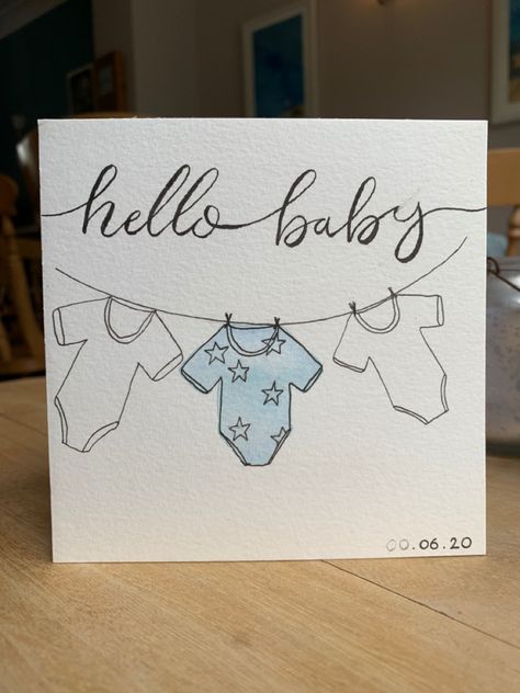 Baby boy handmade card, watercolour, calligraphy Watercolour Greeting Cards Handmade, Baby Shower Card Ideas Handmade, Watercolor Baby Cards Diy, Baby Boy Watercolor Card, Baby Shower Drawing Ideas, Diy Cards To Sell, Homemade Baby Shower Card, Baby Shower Card Diy, New Baby Watercolor Card