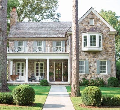 A Point for the "Suburban Living" Team... - Juniper Home Stone House Blue Shutters, Stone House Green Shutters, Stone And Shaker Exterior, Shutters On Stone Exterior, Light Green Shutters, Light Blue Shutters, Siding Colors For Houses, Exterior Updates, Grey Exterior House Colors