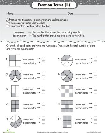 Worksheets: Numerator and Denominator: Basic Fraction Terms Denominator And Numerator, Numerator And Denominator Worksheets, Third Grade Fractions Worksheets, Simple Fractions Worksheets, Fractions For Kids, Numerator And Denominator, Fraction Worksheet, Summer School Math, Free Handwriting Worksheets