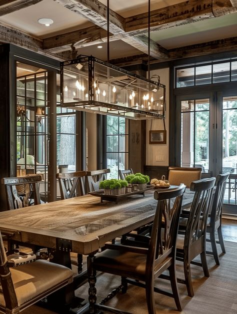 Rustic Dining Rooms: Industrial-Chic Chandelier Lighting Industrial Farmhouse Chandelier Dining Rooms, Rustic Lighting Ideas Dining Room, Dark Rustic Dining Room, Barndominium Dining Room, Modern Western Dining Room, Diner Room Ideas Decor, Rustic Dining Room Decor Ideas, Cabin Dining Room Ideas, Dining Room Ideas Modern Farmhouse