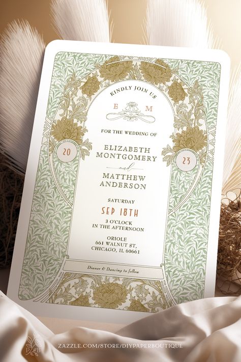 The pin shows a vintage wedding invitation inspired by William Morris in sage green and gold. The wedding info is surrounded by green willow leaves and golden chrysanthemums. The item is sold by Zazzle and designed by DIYPaperBoutique. William Morris Invitation, Victorian Flourishes, Art Nouveau Font, Chrysanthemum Wedding, Victorian Theme, Art Deco Fonts, Wedding 101, Bridal Brunch Invitations, Graphic Design Photoshop