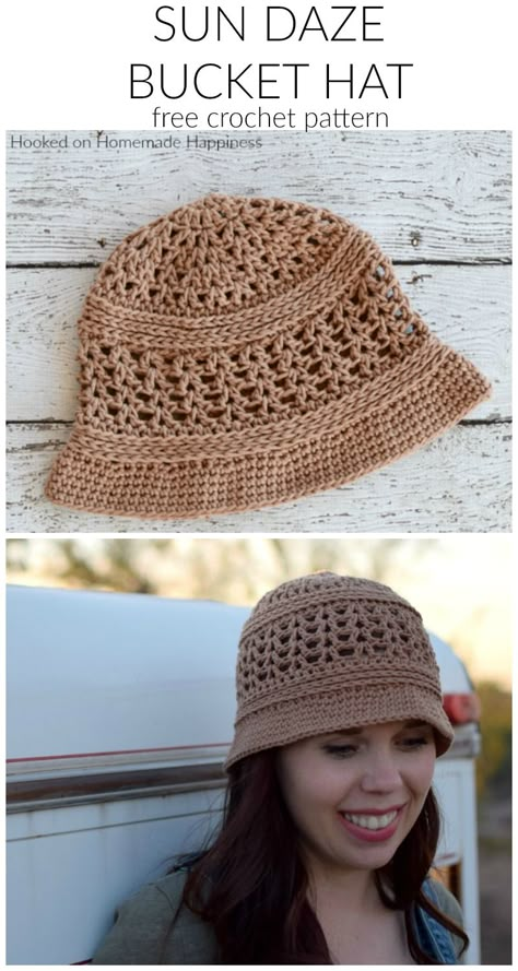 Sun Daze Bucket Hat Crochet Pattern - The Sun Daze Bucket Hat Crochet Pattern uses a few different stitches to create this cute and textured summer hat. Quick And Easy Crochet Hat Patterns Free, Bucket Hat Crochet Pattern, Crocheted Beanies, Bucket Hat Crochet, Crochet Adult Hat, Crochet Sun, Bucket Hat Pattern, Crochet Summer Hats, Chemo Hats