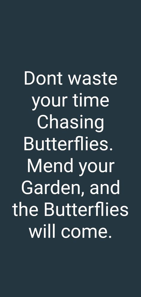 Don't waste your time chasing butterflies. Mend your garden, and the butterflies will come. Dont Chase Butterflies, Don’t Chase Butterflies Quote, Chasing Butterflies, Butterfly Quotes, Don't Waste Your Time, Garden Quotes, Butterflies, Quotes, Quick Saves