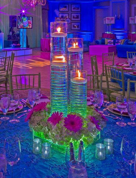 Funky neon lighting with floating candle centerpieces at a Bat Mitzvah designed by @xquisiteflowers Neon Wedding Theme, Bat Mitzvah Centerpieces, Bar Mitzvah Centerpieces, Mitzvah Centerpieces, Sweet 16 Party Themes, Bat Mitzvah Themes, Mitzvah Decor, Mitzvah Themes, Bar Mitzvah Party