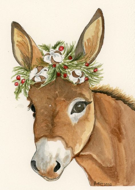 Christmas Card Painting Ideas, Christmas Card Painting, Card Painting Ideas, Holiday Drawings, Donkey Christmas, Art With Watercolor, Wood Slice Painting, Farm Animal Painting, Ornament Painting