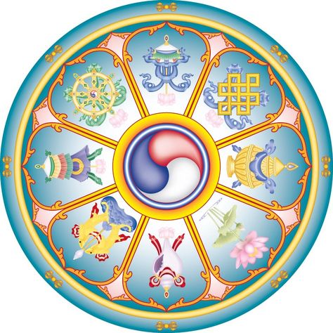 Eight auspicious symbols wheel Mayan Astrology, Eight Auspicious Symbols, Tibetan Symbols, Tibetan Mandala, Lotus Sutra, Lotus Flower Pictures, Buddhist Symbols, Good Luck Symbols, Buddhist Teachings