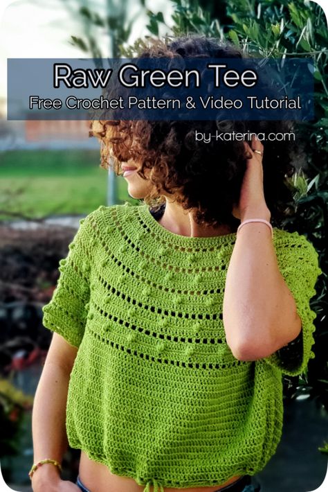 Raw Green Tee. Crochet Pattern – ByKaterina Crochet A Crop Top, Easiest Crochet, Crochet Tunic Pattern, Crochet Beginners, Yoke Design, Knit Summer, Crop Top Pattern, Crochet Crop Top Pattern, Crochet Sweater Pattern Free