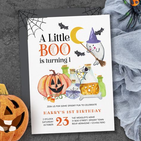 Little Boo Halloween Ghost And Potion 1St Birthday Invitation #zazzle #weddinginvitations #birthdayinvitations #babyshowerinvitations #zazzleinvitations #monogram #businesscards #graduation #homedecor October Birthday Parties, Pumpkin Magic, Halloween First Birthday, Halloween 1st Birthdays, Magic Potions, Halloween Birthday Invitations, Whimsical Halloween, 1st Birthday Invitation, Spider Webs