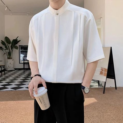 GAR BETHE Round Neck Temperament Man Simplicity Shirts Solid Color Short Sleeve Handsome Button Korean Fashion Casual Men's Clothing 2024 Black-M Stand Collar Shirt Men, 3xl Mens Fashion, Shirts Pattern, Men Fabric, Collar Shirt Men, Stand Collar Shirt, Clothes Stand, Sweatpants Style, White Shirt Men