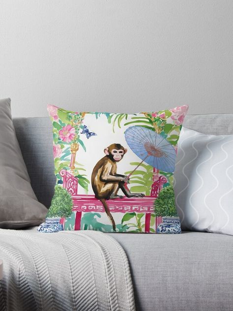 "Monkey in chinoiserie garden" Pillow for Sale by SophieClimaArt Palm Springs Wallpaper, Chinoiserie Bedroom, Chinoiserie Garden, Chinoiserie Interior, Chinoiserie Pillows, Modern Chinoiserie, Chinoiserie Decor, Chinoiserie Christmas, Chinoiserie Decorating