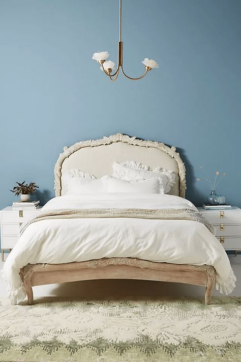 French Country Bedroom Decorating Ideas - Decor Curator French Country Decorating Bedroom, Hardwood Bed, Hanging Furniture, French Bed, French Country Bedrooms, Anthropologie Home, Country Bedroom, Linen Upholstery, Upholstered Headboard