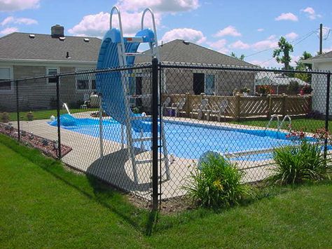 Black Chain Link Around Pool Swimming Pools Backyard Inground, Black Chain Link Fence, Outside Play Area, Chain Link Fence Installation, Fence Around Pool, Chainlink Fence, Farm Fencing, Pool Black, Home Landscaping Ideas