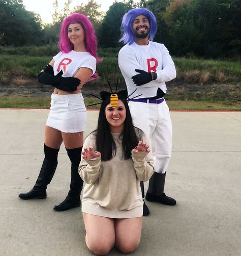 Team rocket costume, Pokémon costume, Jesse, James, Meowth Jesse Team Rocket Costume, Jesse Team Rocket Cosplay, Jesse Pokemon Costume, Jesse And James Cosplay, Jesse And James Team Rocket Costume, Jessie And James Costume, Pokemon Group Costume, Pokemon Cosplay Ideas, Team Rocket Halloween