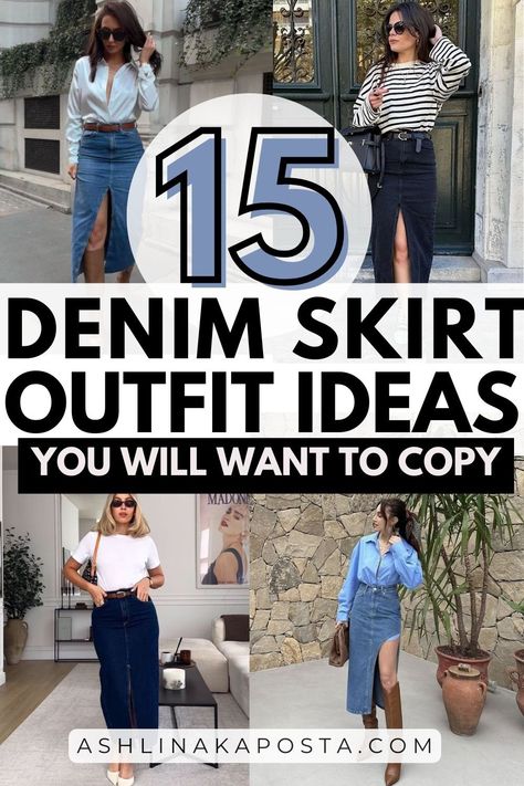 15+ simple denim skirt outfit ideas you will want to wear this Fall — ASHLINA KAPOSTA Midi Denim Skirt Outfits, Outfit Ideas Edgy Classy, Long Denim Skirt Outfit Summer Casual, How To Style A Long Denim Skirt, How To Style A Jean Skirt, Long Jean Skirt Outfits Summer, Midi Jean Skirt Outfits, Long Denim Skirt Outfit Street Styles, Jean Skirt Outfits Fall