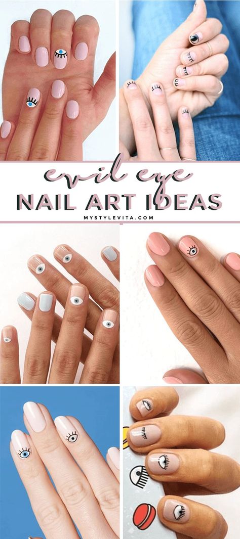 Evil Eye Nail Art Ideas #nailart #nails #evileye Nail Art Eyes Design, Eyes Nails Design, Nails With Eyes, Eye Nails Art, Nail Art Evil Eye, Evil Eye Nails Design, Evil Eye Nail Art, Evil Eye Nail, Nail Vibes