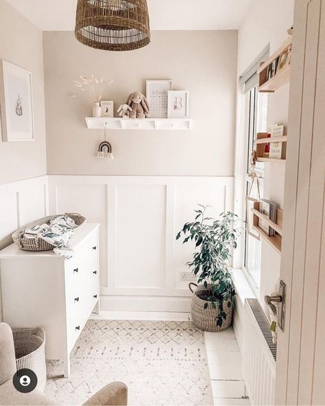 Minimalist Nursery, White Furniture, Open Shelving, Textured Walls, Baby Room, Wall Paneling, Bright White, Nursery, Shelves