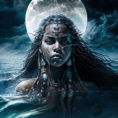 Water Goddess Drawing, Sea Goddess Aesthetic, Water Goddess Tattoo, Black Moon Goddess, Water Goddess Aesthetic, Yemoja Goddess, Water Goddess Art, Atabey Goddess, Space Goddess