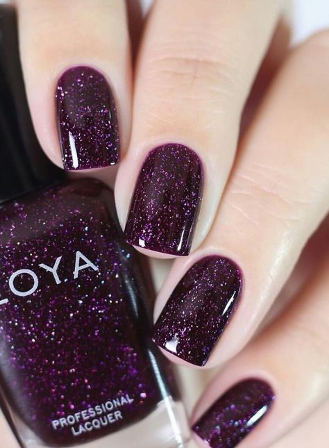 Zoya Payton Plum Sparkle Nails, Plum Nails With Glitter, Dark Purple Sparkle Nails, Dark Purple Sparkly Nails, Dark Purple Glitter Nails, Plum Nails, Purple Glitter Nails, Purple Nail Designs, Nail Shimmer