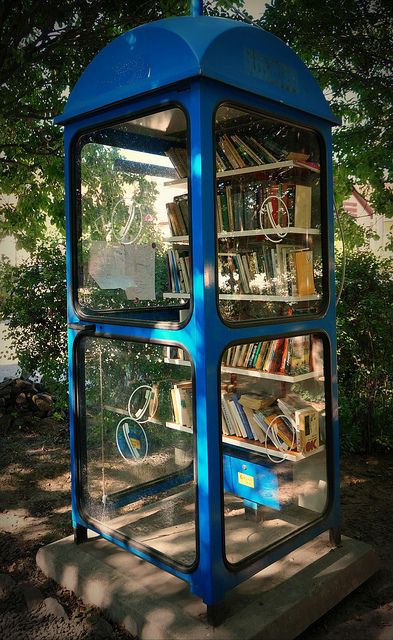 Phone Booth Library. Nagymaros, Hungary Dream Library, Beautiful Library, Little Library, Have Inspiration, Phone Booth, Free Library, Home Libraries, World Of Books, Ex Libris