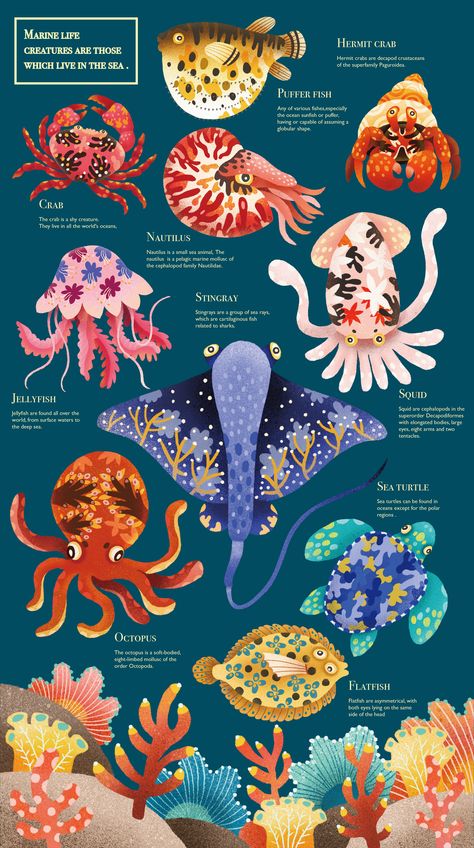 Marine life on Behance Biology Painting Ideas, Marine Life Painting, Sea Life Illustration, Marine Life Art, Kristina Webb, Sea Creatures Art, Sea Illustration, Drawing Procreate, Digital Art Drawing