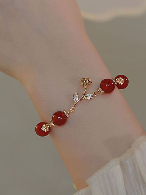 1pc Red Agate Beaded Rose Chain Bracelet | SHEIN Stylish Gold Bracelet For Women, Light Weight Gold Jewellery, Beaded Rose, Women Chain, Fairy Jewelry, Bangle Watches, Red Bracelets, Chain Bracelets, Gold Bracelet For Women