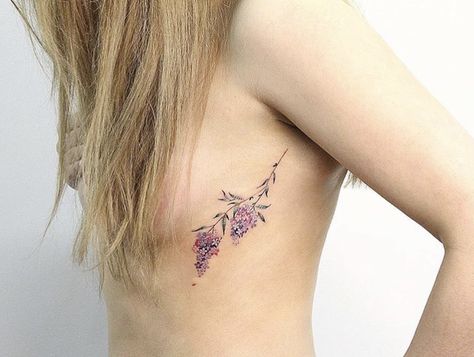 Purple Flower Tattoos, Flower Tattoo On Ribs, Lilac Tattoo, Purple Tattoos, Mastectomy Tattoo, Lavender Tattoo, Cute Tattoo, Taurus Tattoos, Clever Tattoos