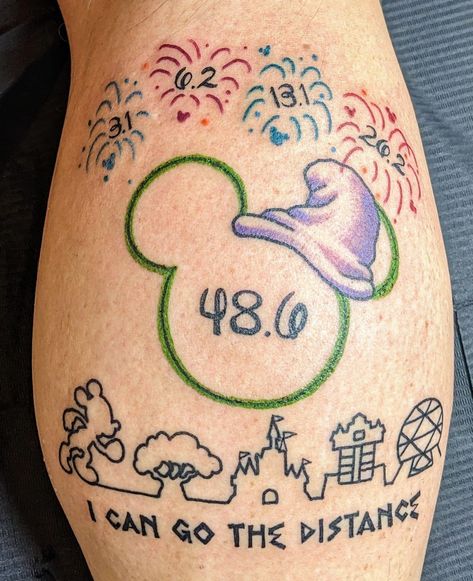 Disney Running Tattoo, Dopey Challenge Tattoos, Run Disney Tattoo, Half Marathon Tattoo, Firework Tattoo, Marathon Tattoo, Running Tattoo, Disney Fireworks, Disney Marathon