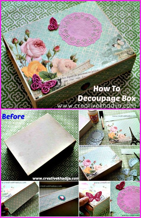 Decoupage On Cardboard Boxes, Wooden Box Ideas Diy, Decorated Cardboard Boxes, How To Decorate Wooden Boxes, Decoupage Boxes Ideas Diy, Decoupage Cardboard Boxes, Decopage Ideas For Boxes, Paper Mache Boxes Decorated Ideas, Decupage Boxes Ideas