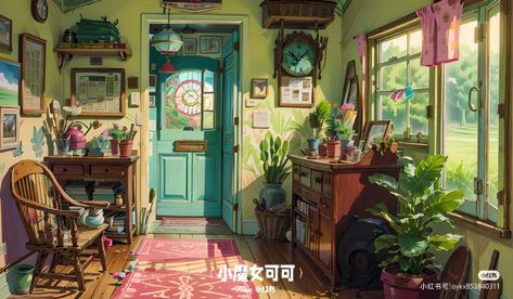 Cottage Concept Art Interior, Cozy Living Room Illustration, Studio Ghibli Interior Scenes, Witch Room Illustration, Ghibli Living Room, Ghibli House Interior, Ghibli Aesthetic Room, Ghibli Interior, Ghibli Room