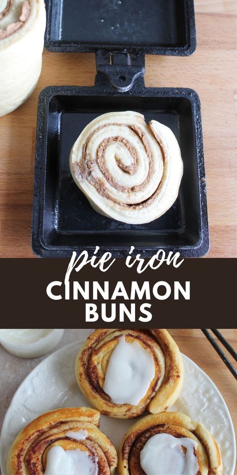 Pie Iron Cinnamon Rolls, Mountain Pie Recipes, Pudgy Pie Recipes, Campfire Cinnamon Rolls, Pie Iron Cooking, Lake Snacks, Campfire Pies, Pie Irons, Cinnamon Buns Recipe