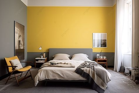 Yellow Feature Wall Bedroom, Grey And Mustard Bedroom, Grey And Yellow Bedroom Ideas, Yellow Walls Bedroom Ideas, Drew Ideas, Mustard And Grey Bedroom, Yellow And Grey Bedroom, Grey And Yellow Bedroom, Background Furniture