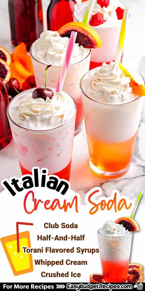 Italian Cream Soda is an easy and fun drink recipe everyone loves because it's delicious, refreshing, and easy to customize. via @easybudgetrecipes Torani Italian Soda Recipes, Club Soda Recipes, Soda Shop Recipes, Dirty Soda Bar Recipes, Red Bull Italian Soda Recipe, Italian Soda Flavors Combinations, Strawberry Italian Soda, Dirty Soda Recipes, Italian Soda Recipe