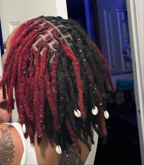 Natural Locs Dyed, Peekaboo Loc Color, Red Locs With Beads, Half Red Half Black Locs, Half And Half Locs Color, Locs With Peekaboo Color, Dyed Locs Inspiration, Locs Hairstyles Colored, Dark Red Locs Black Women