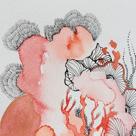 Leanne Buskermolen on Instagram: "It's hot hot hot outside ☀️☀️☀️☀️ A 🔥red color coral is just the right one for this watercolor & drawing. #hot #outside #redcolor #warmcolors #towarm #stayathome #codered #coderood #warm #heet #drawingtime #coralinspired #corals #reef #watercolors #aquarellmalerei #aquarela #aquarel #tekening #fineliner #sakurapen #zendrawing #zenwatercolors #linedrawing #dots #freeyourmind #freedoodle #pfffff" Coral Pencil Drawing, Watercolour Coral, Watercolor Coral Reef, Coral Reef Drawing, Coral Drawing, Abstract Doodles, Textiles Gcse, Sakura Pens, Natural Form Art