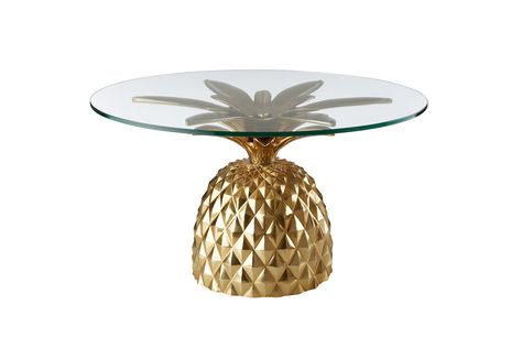 Fred Segals CB2 Collection Defines Cali-Cool Style via Brit   Co Mid Century Fan, Pineapple Table, Breakout Space, Gold Side Table, Whimsical Furniture, Fred Segal, Pineapple Decor, Gold Pineapple, Unique Coffee Table