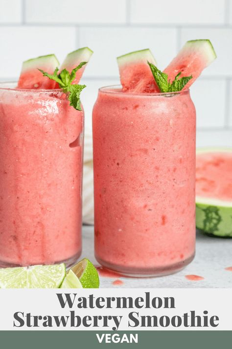 This Watermelon Smoothie recipe is refreshing and perfect for summer. A creamy blend of watermelon, strawberries, vegan yogurt and lime. Watermelon Smoothie Recipe, Watermelon Smoothie Recipes, Watermelon Smoothie, Smoothie Recipes Healthy Breakfast, Watermelon Rind, Vegan Yogurt, Strawberry Syrup, Vegan Banana, Strawberry Smoothie