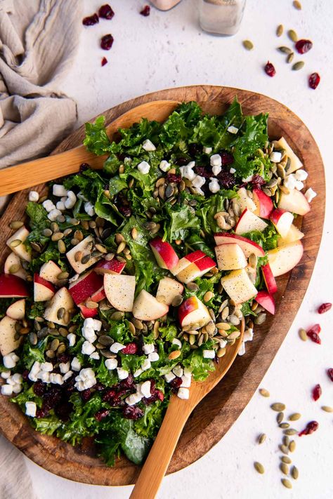 Delicious Kale Salad recipe with cranberries, apple, goat cheese and a tangy lemon vinaigrette. Healthy, gluten-free, with vegan option. Kale Salad Goat Cheese, Easy Kale Salad, Salads Summer, Healthy Holiday Side Dishes, Salads Chicken, Kale Apple Salad, Holiday Salad, Massaged Kale Salad, Calorie Chart