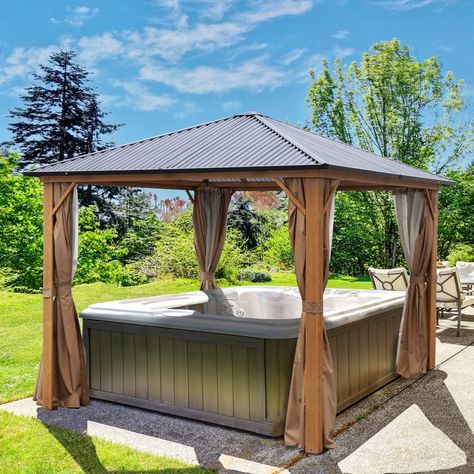 Aoodor 10'x 10' Gazebo Polycarbonate #Roof, Wooden Print Aluminum Frame with #Mosquito Netting and #Curtain for #Garden Patio. Diy Hot Tub Ideas, Hot Tub Enclosure Ideas, Hot Tub Shelters, Hot Tub Pergola, Backyard Spa, Polycarbonate Roof, Hot Tub Surround, Gazebo On Deck, Granny Pods