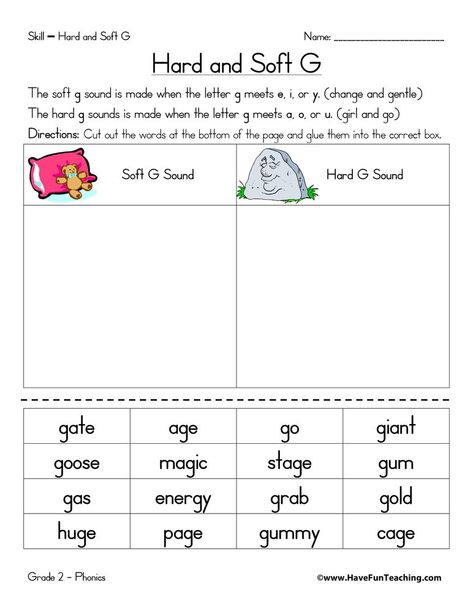 Hard G and Soft G Worksheet: Cut out the 16 hard G and soft G words at the bottom of the page and glue them into the correct box. Information: Hard G Worksheet. Soft G Worksheet. Consonant Sounds Worksheet. hard g sound, soft g sound, letter sounds, consonant sounds Soft C Worksheets Free, Soft C Worksheets, Soft C Sound, Soft G Words, Teaching Vowels, Syllables Activities, G Sound, Phonics Worksheets Free, Worksheets For Grade 3