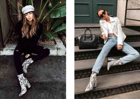 Snakeskin Print Boot - Trend Alert !! - FashionActivation White Snake Skin Boots Outfit, Snake Skin Boot Outfit, Snake Skin Boots Outfit, Snake Skin Boots, Black And White Snake, Outfit Cool, Snake Boots, White Snake, Classic Trench Coat