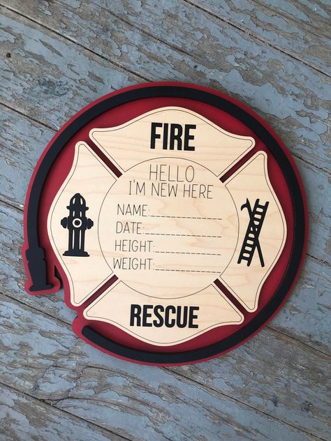 Firefighter Gender Reveal Ideas, Firefighter Baby Announcement, Firefighter Pregnancy Announcement, Firefighter Sign, Newborn Firefighter, Firefighter Baby, Name Announcement, Cute Pregnancy Announcement, Wooden Welcome Signs